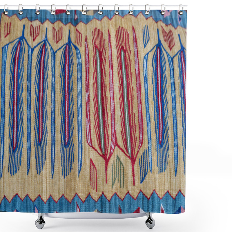 Personality  A Detailed Textile Pattern With Vibrant Blue And Red Vertical Motifs On A Beige Background, Evoking A Sense Of Traditional Craftsmanship Shower Curtains