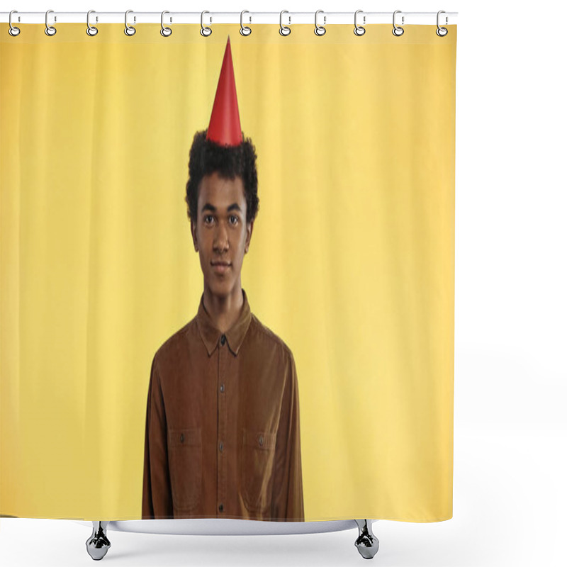 Personality  African American Teenage Boy In Party Cap Isolated On Yellow Shower Curtains