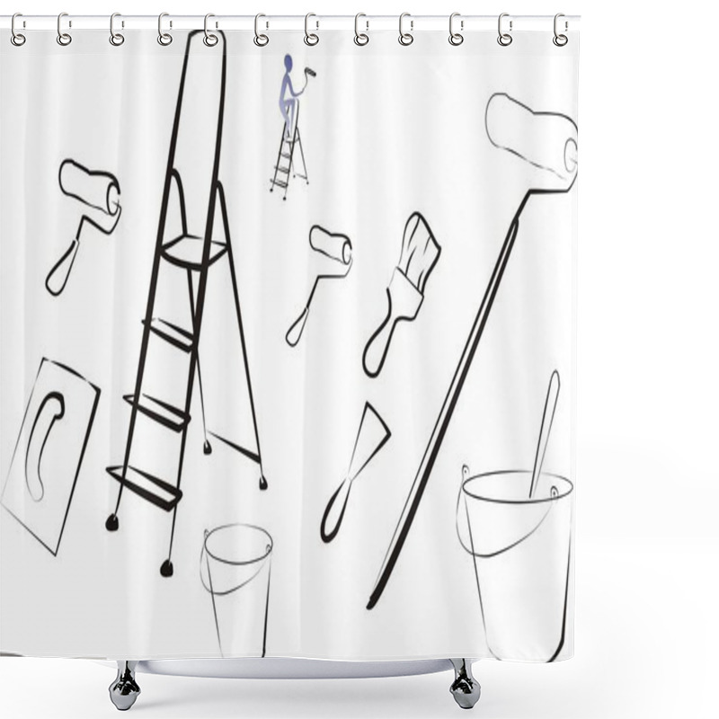 Personality  Set Of Isolated Painter Tools, Brushes Sketch In Black Lines Shower Curtains