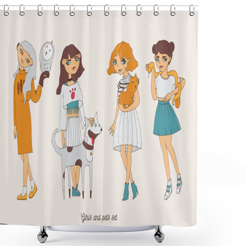 Personality  Hand Drawn Girls Characters With Cute Pets As Dog, Cat, Snake And Owl. Home Lovely Pets With Loving Owners. Pets And Owners Are Similar To Each Other. Shower Curtains