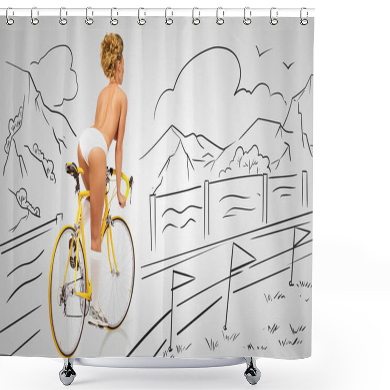 Personality  Back View Of A Sexy Pin-up Female Cyclist In White Erotic Panties Riding A Yellow Racing Bicycle On Sketchy Background Of A Race Finish Line. Shower Curtains