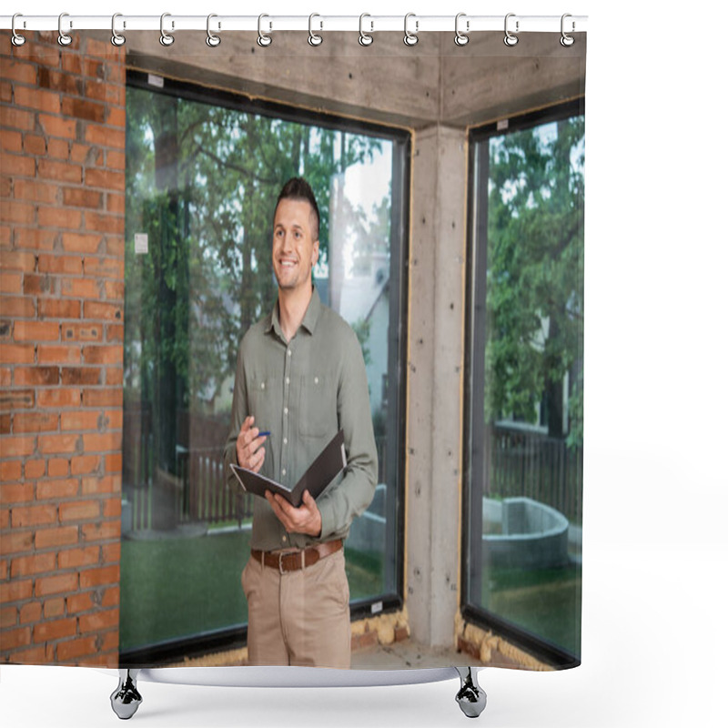 Personality  Happy Successful Real Estate Broker Holding Folder And Pen While Standing Inside New Cottage Shower Curtains