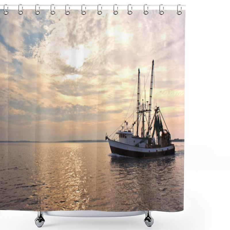 Personality  Fishing Trawler On The Water At Sunrise Shower Curtains