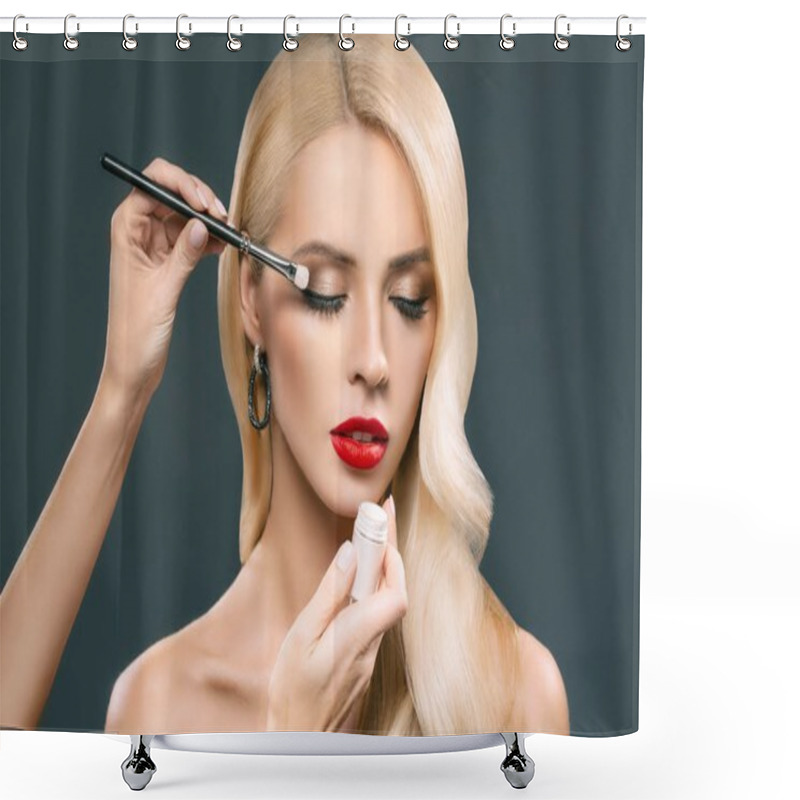 Personality  Beautiful Blonde Woman Applying Glamorous Makeup With Eyeshadows, Isolated On Grey Shower Curtains