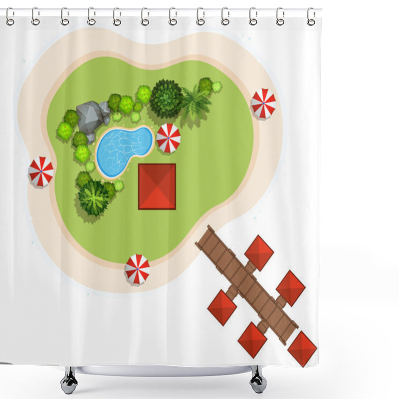 Personality  Aerial Scene With Swimming Pool And Bridge Shower Curtains