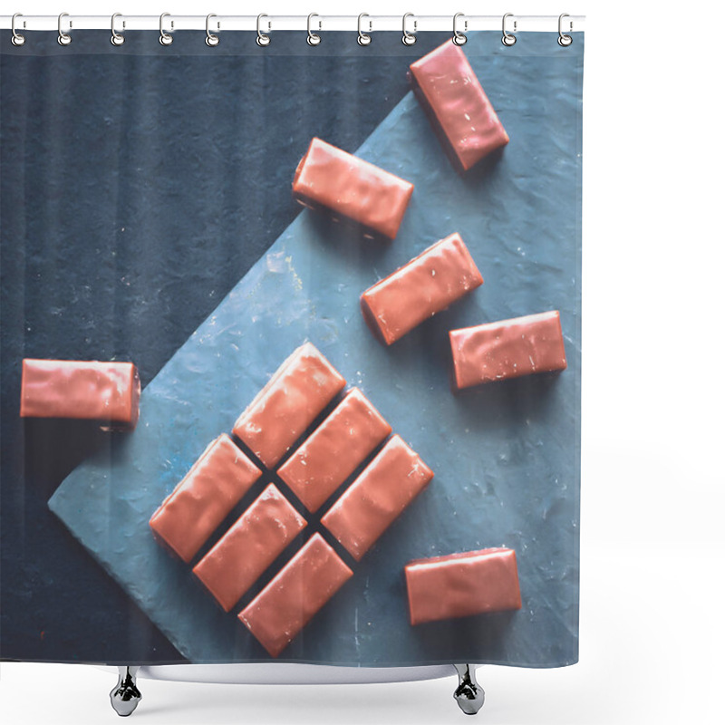 Personality  Sweet Swiss Chocolate Candies On A Stone Tabletop, Flatlay Shower Curtains