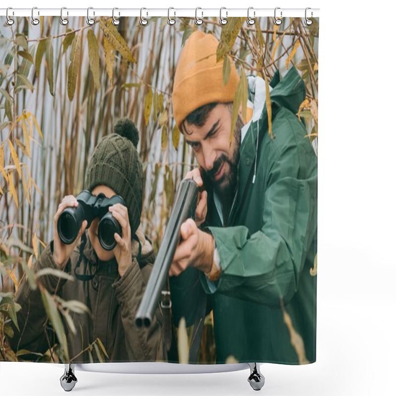 Personality  Father Aiming At Animal With Gun  Shower Curtains