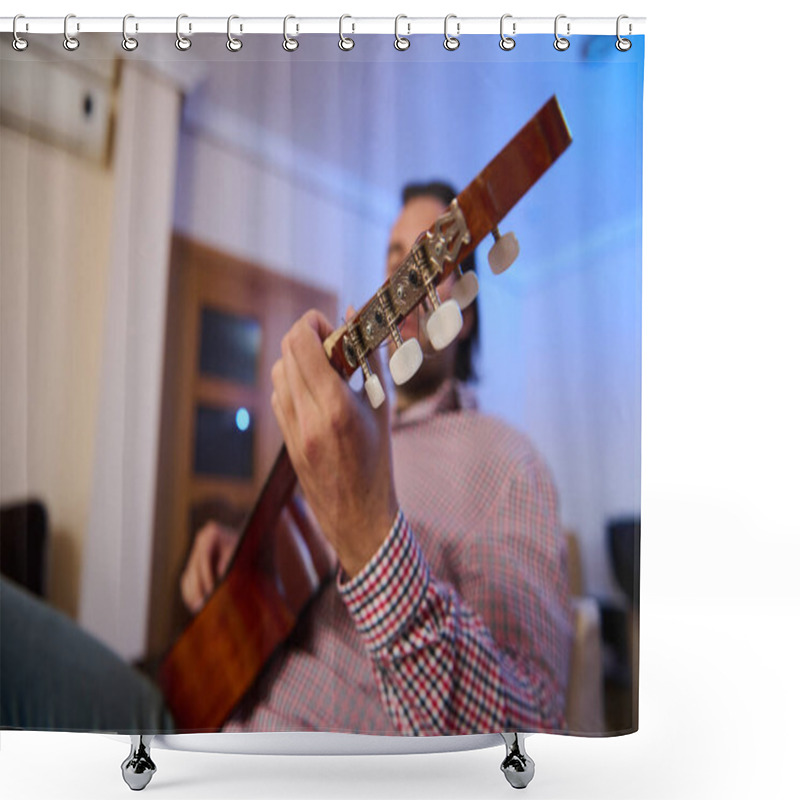 Personality  A Person Sits Indoors, Skillfully Playing An Acoustic Guitar, Capturing A Moment Of Musical Creativity And Expression. The Setting Is Cozy And Relaxed, Highlighting The Enjoyment Of Music And Personal Artistry. Shower Curtains