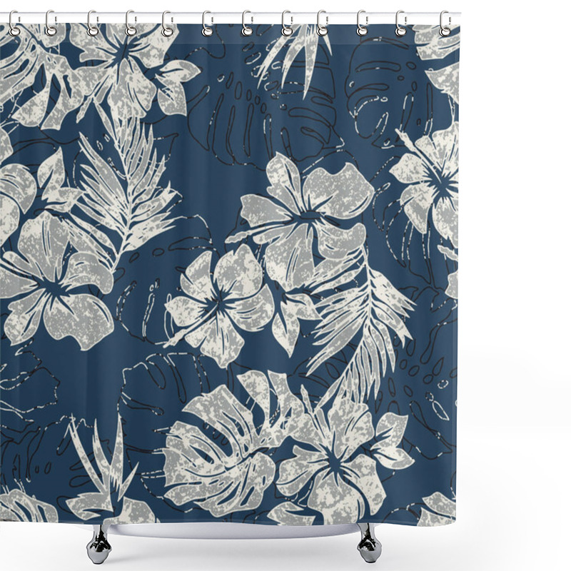 Personality  Blue Hibiscus Flowers Tropical Leaves Wallpaper Grunge Hawaiian Style Vector Floral Seamless Pattern Shower Curtains