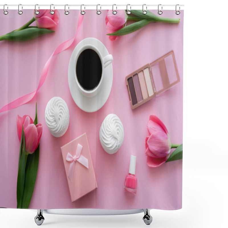 Personality  Top View Of Zephyr, Decorative Cosmetics And Tulips Near Cup Of Coffee On Pink  Shower Curtains