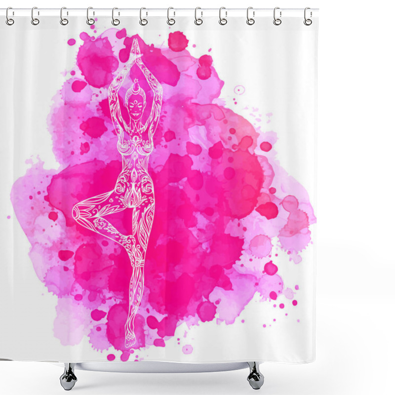 Personality  Woman Ornate Silhouette Sitting In Lotus Pose. Meditation Concept. Vector Illustration. Over Colorful Watercolor Background Shower Curtains