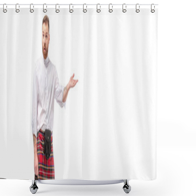 Personality  Surprised Scottish Redhead Bearded Man In Red Tartan Kilt Pointing With Hand Isolated On White, Website Header Shower Curtains