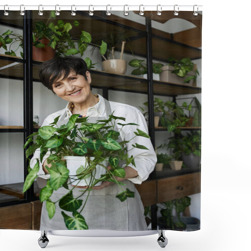 Personality  A Gardener Cares For Her Plants, Enjoying The Peaceful Atmosphere Of Her Studio. Shower Curtains