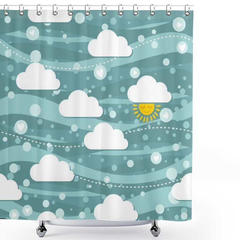 Personality  Sunny Winter Sky With Falling Hearts Seamless Pattern Shower Curtains