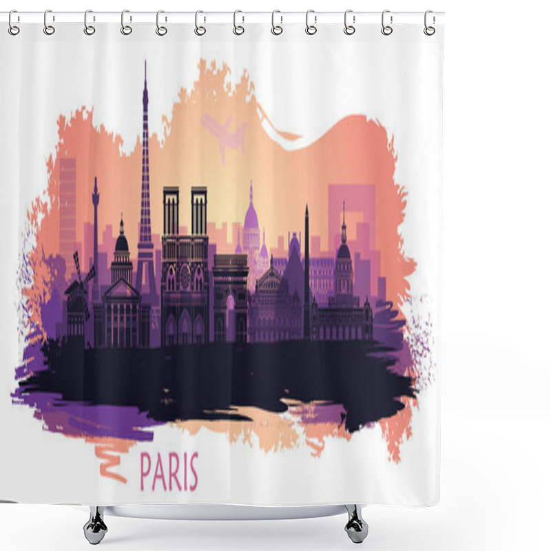 Personality  Stylized Landscape Of Paris With Eiffel Tower, Arc De Triomphe And Notre Dame Cathedral With Spots And Splashes Of Paint Shower Curtains