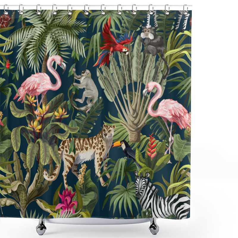 Personality  Seamless Pattern With Jungle Animals, Flowers And Trees. Vector. Shower Curtains