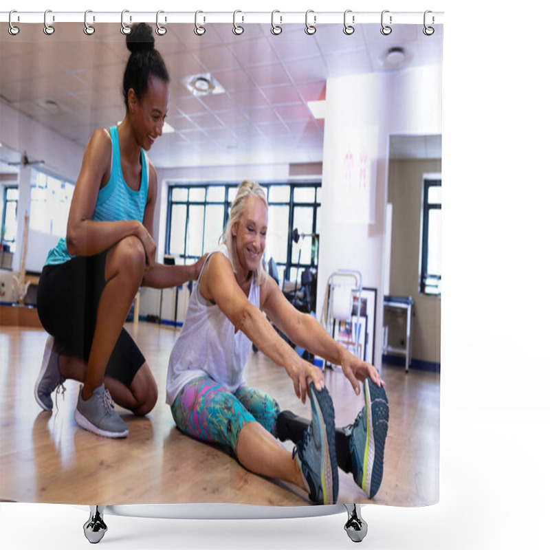 Personality  Side View Of Happy African-american Female Trainer Assisting Disabled Active Caucasian Senior Woman To Exercise In Sports Center. Shower Curtains