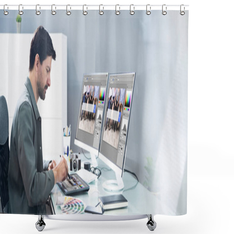 Personality  Graphic Photo Designer Using Computer Screen And Tablet Shower Curtains