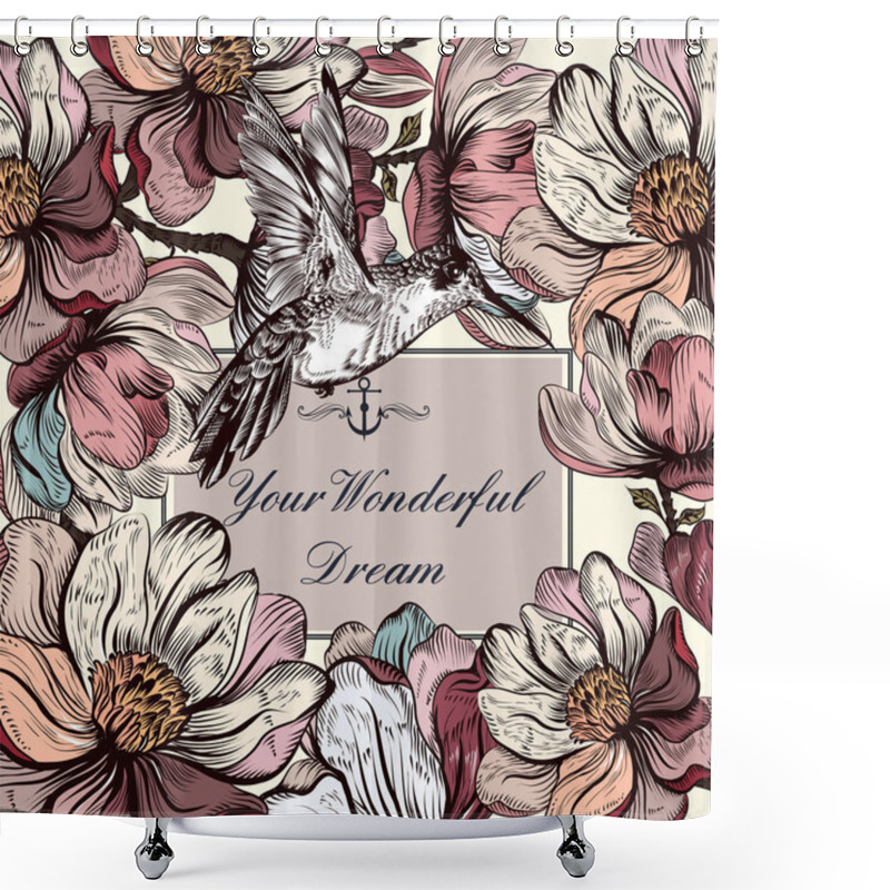 Personality  Vector Background With Magnolia Flowers And Bird In Engraved Sty Shower Curtains