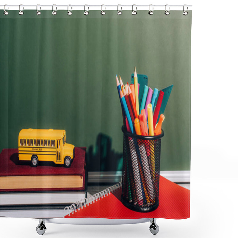 Personality  School Bus Model On Staked Books Near Pen Holder With Stationery On Notebook Near Green Chalkboard Shower Curtains