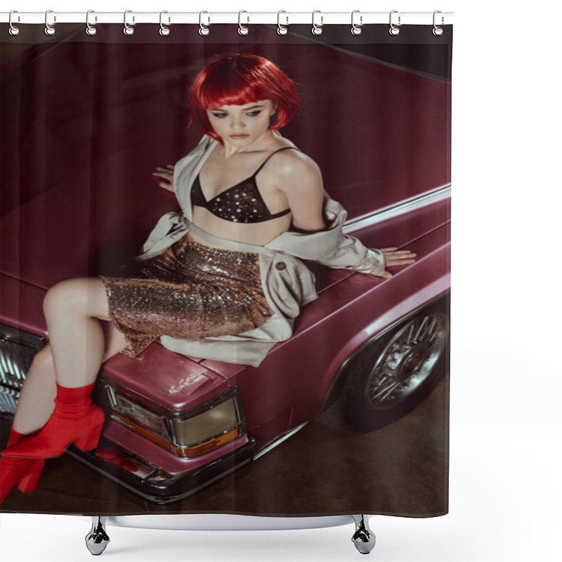 Personality  High Angle View Of Beautiful Stylish Girl In Red Wig Sitting On Classic Car Shower Curtains