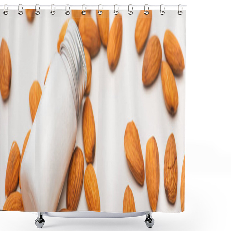 Personality  Bottle With Homemade Lotion Surrounded By Almonds On White, Banner Shower Curtains