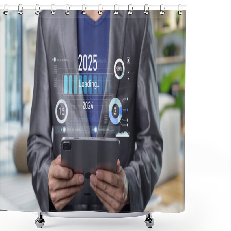 Personality  A Businessman Interacts With A Tablet Showing Loading Progress Indicators For 2025, Representing Future Trends And Digital Innovation In Business Analytics. Progress And Transition From 2024 To 2025 Shower Curtains