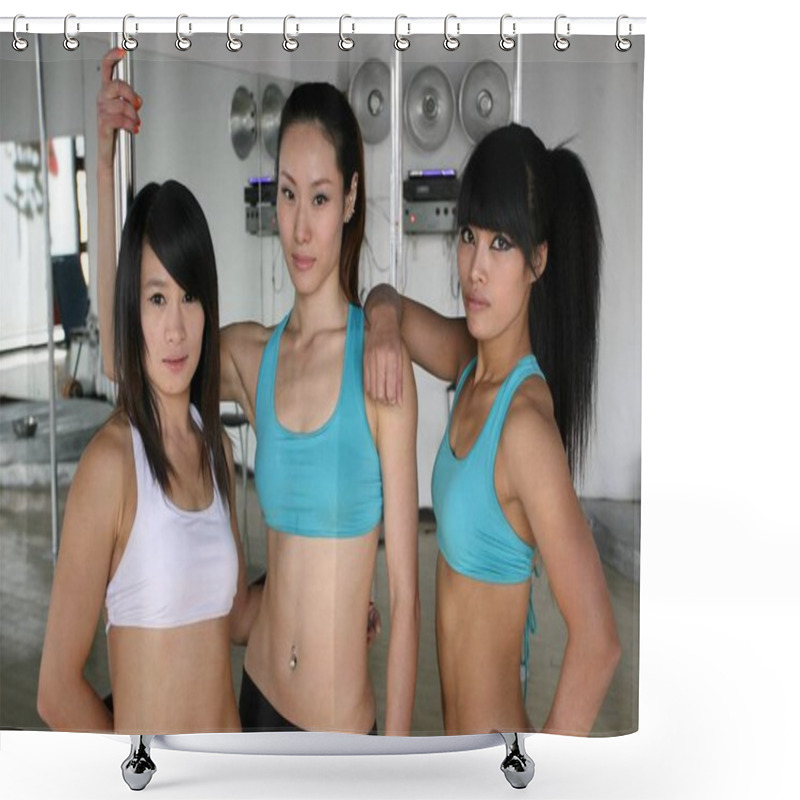 Personality  (From Left) Cao Nuo, Yi Fan And Song Yao Of The Chinese National Pole Dancing Team Pose During A Training Session In Tianjin, China, 23 October 2012 Shower Curtains