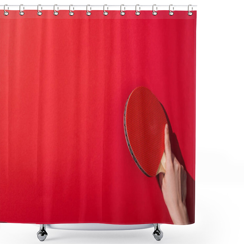 Personality  Cropped View Of Woman Holding Table Tennis Racket On Red  Shower Curtains