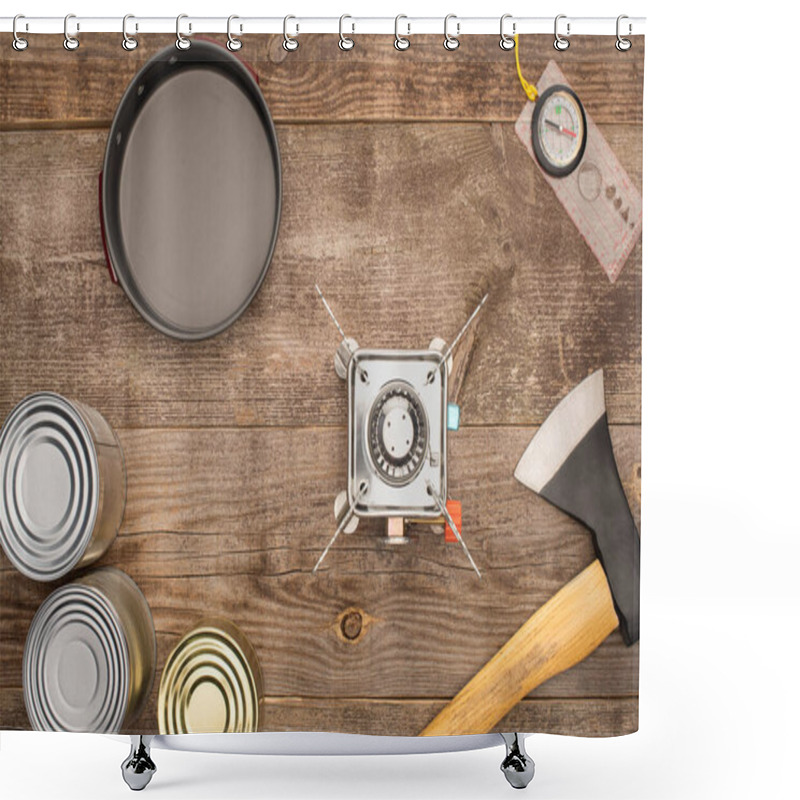 Personality  Top View Of Gas Burner, Axe, Compass, Metal Bowl And Canned Goods On Wooden Surface Shower Curtains