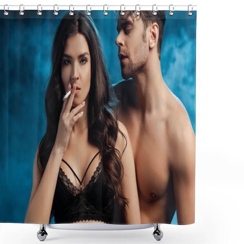 Personality  Shirtless Man Standing Near Woman In Bra Smoking Cigarette On Black Background With Smoke Shower Curtains