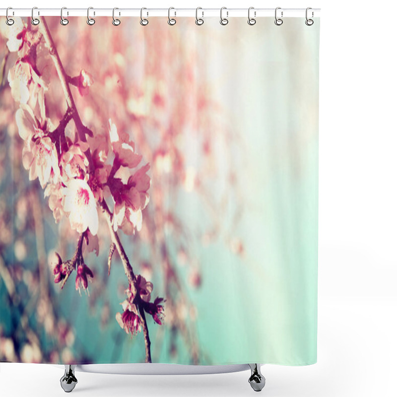 Personality  Abstract Dreamy And Blurred Image Of Spring White Cherry Blossoms Tree. Selective Focus. Vintage Filtered Shower Curtains