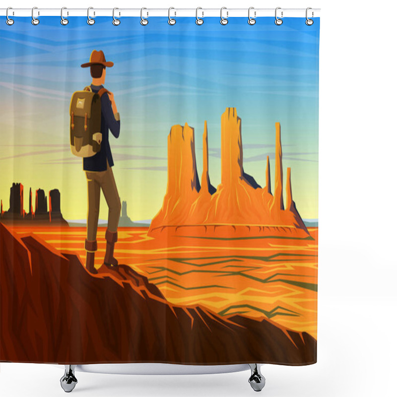 Personality  Mountain And Monument Valley With Tourist, Morning Panoramic View, Landscape Early In Daylight. Travel Camping, Climbing, Vector Illustration. Website Or Banner. Outdoor Hill Tops, Hunts Mesa, Arizona Shower Curtains