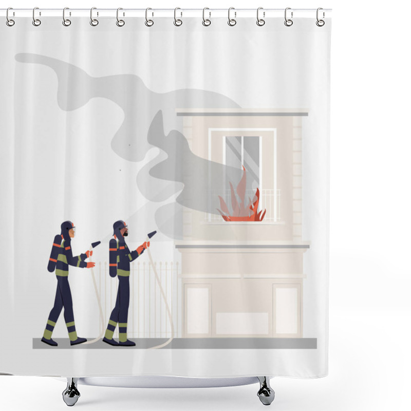 Personality  Two Male Firefighters In Uniforms Use Water Hoses To Extinguish A Fire In A Residential Building, Symbolizing Emergency Response, Fire Safety, And Teamwork During Fire Rescue Operations. Shower Curtains