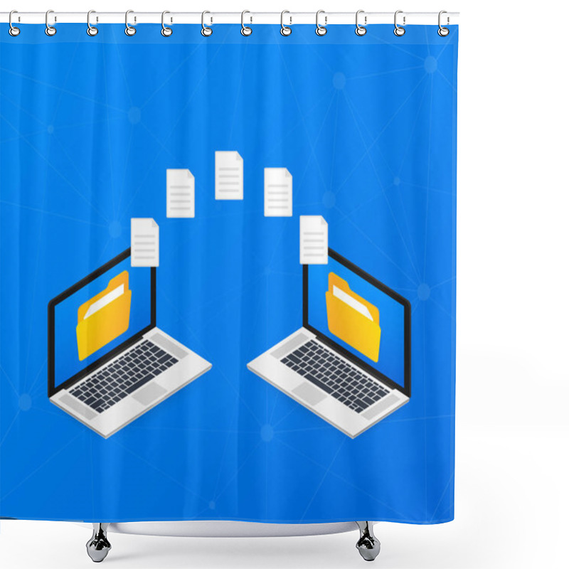 Personality  File Transfer. Laptops With Folders On Screen And Transferred Documents. Copy Files, Data Exchange, Backup. Vector Illustration. Shower Curtains