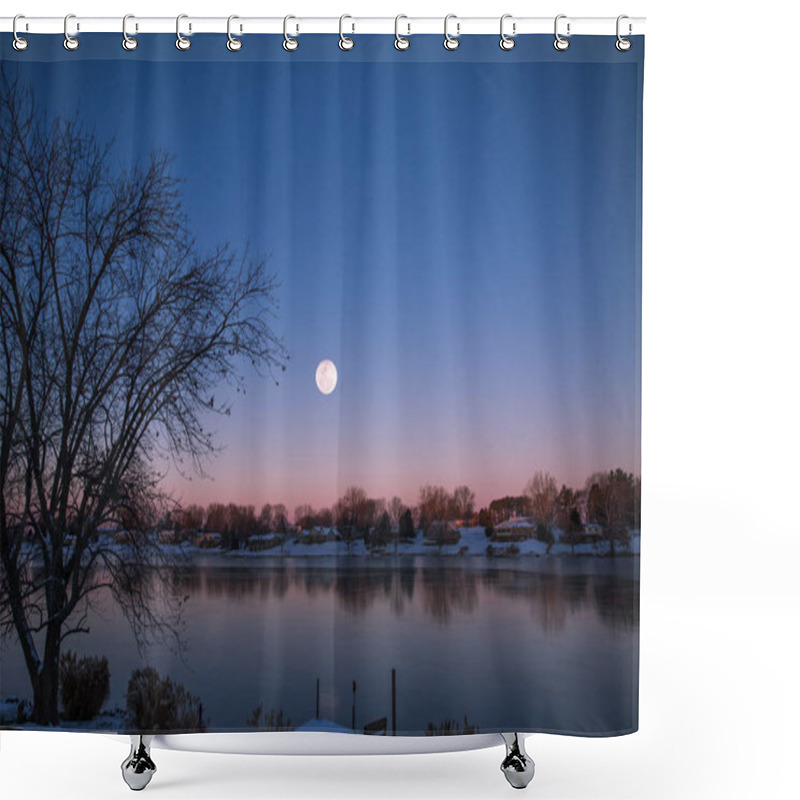 Personality  Near Full Moon Rising Over Lake And Houses In Red And Blue Winter Sky Shower Curtains