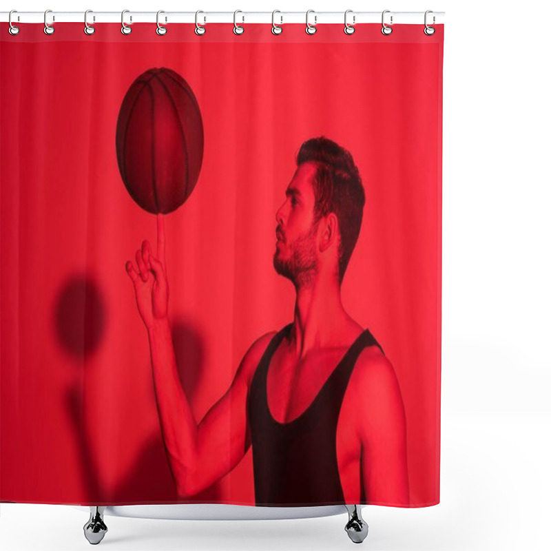 Personality  Muscular Sportsman Holding Basketball Ball On Finger At Contrast Red Light Shower Curtains