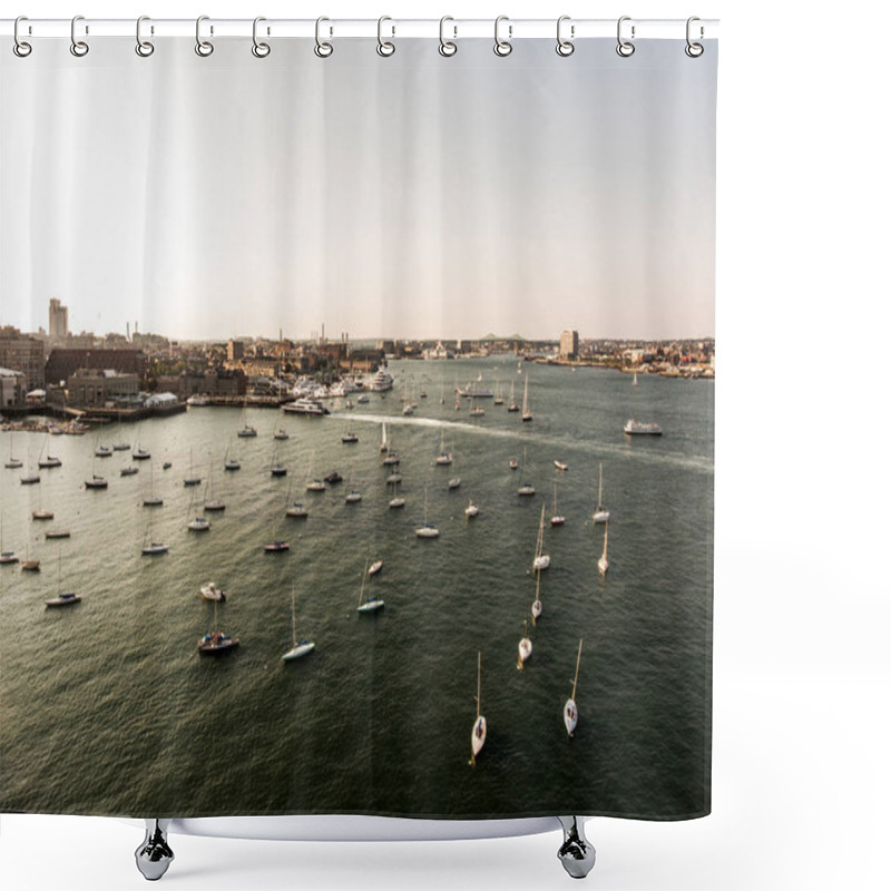 Personality  Helicopter Flight Aerial View Image Boston MA, USA During Sunset Harbor With Boats Near Waterfront Bay Shower Curtains