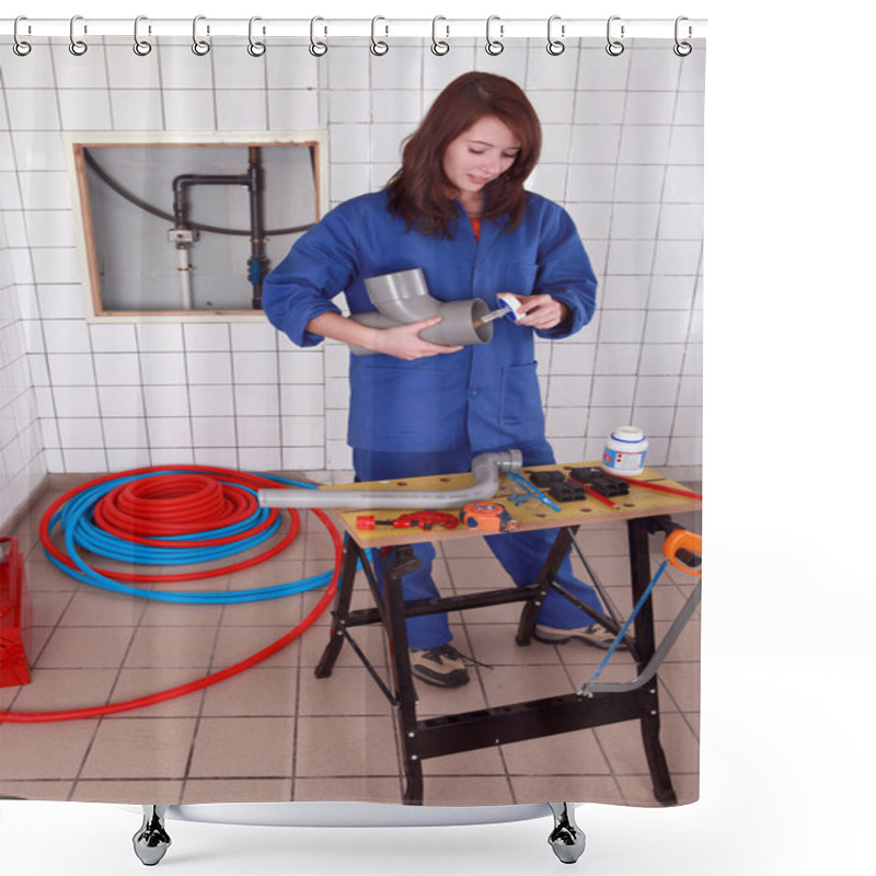 Personality  Female Plumber Glueing Pipe Together Shower Curtains