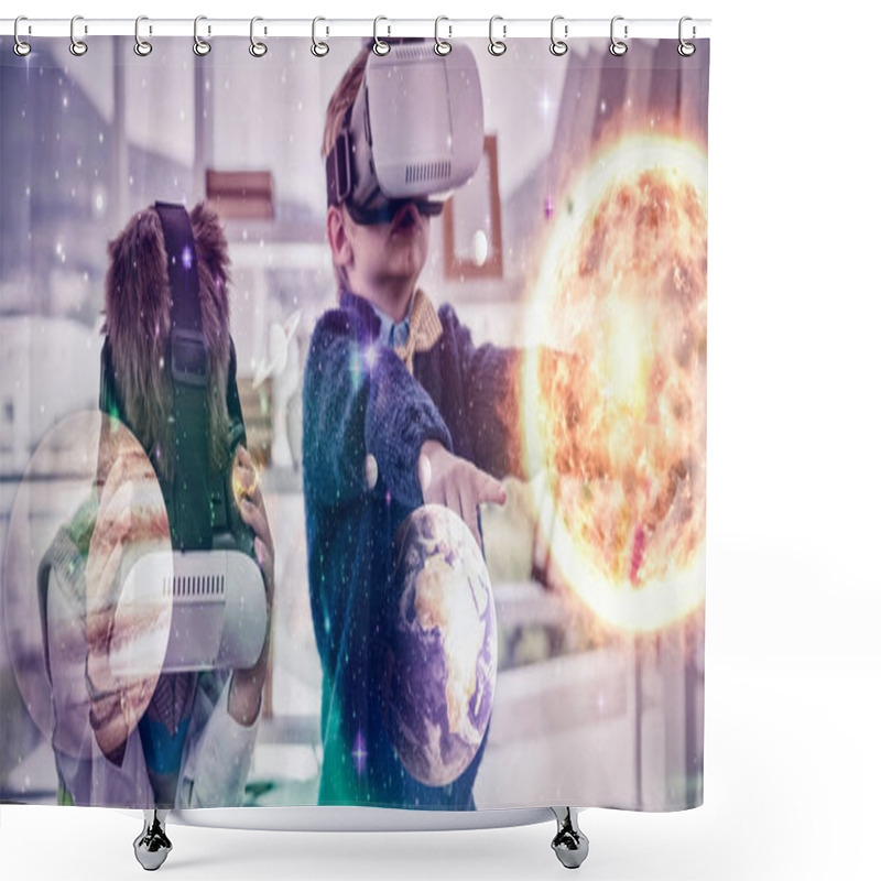 Personality  Composite Image Of Solar System Against White Background Against Business People Using Virtual Reality Headsets Shower Curtains