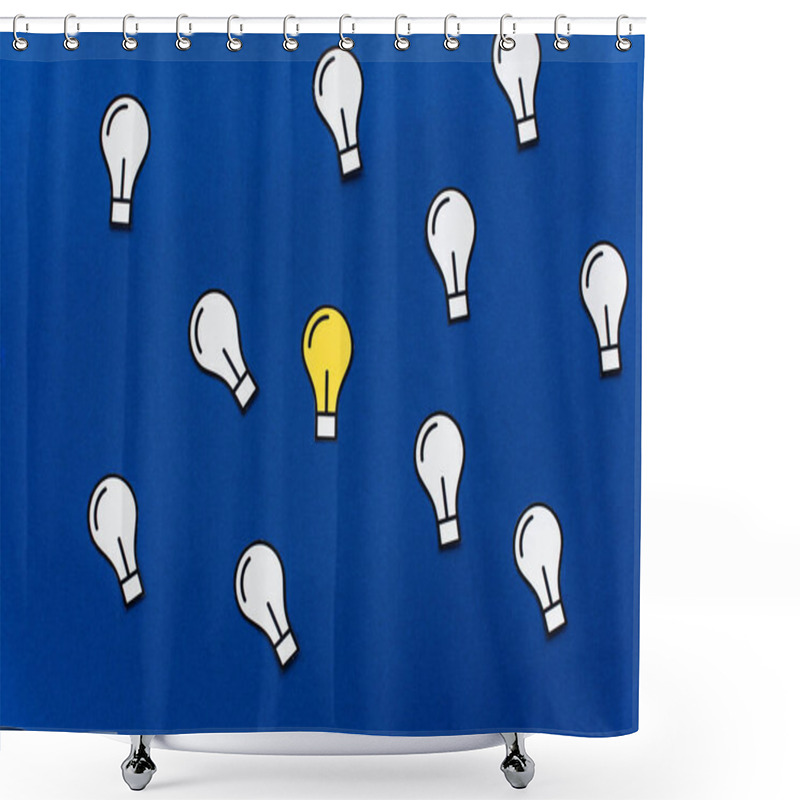 Personality  Top View Of Paper Light Bulbs On Blue Background, Business Concept Shower Curtains