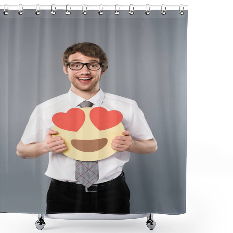 Personality  Happy  Businessman Holding Smiling Face With Heart-eyes In Hands Shower Curtains