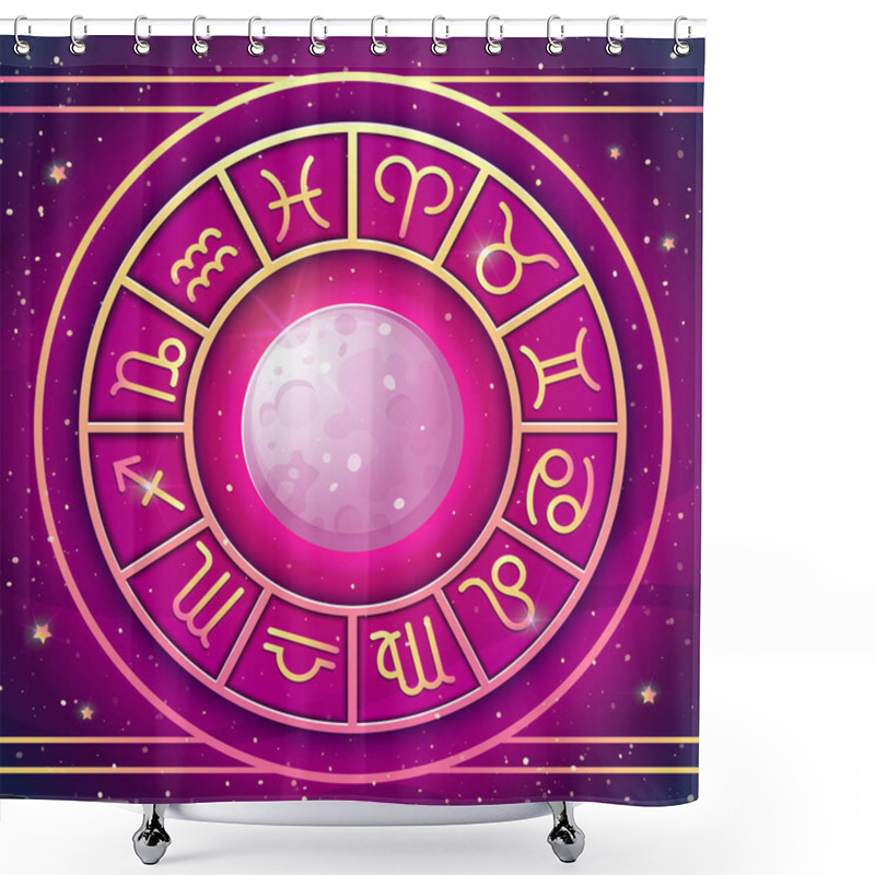 Personality  Zodiac Wheel With Zodiac Signs Set With Full Moon, Astrological Horoscope Symbols. Vector Illustration Shower Curtains