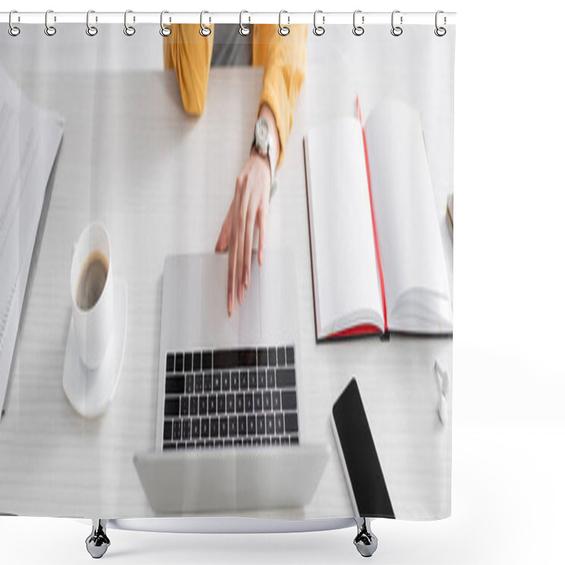 Personality  Partial View Of Freelancer Near Laptop, Mobile Phone, Notebook And Coffee On Desk, Banner Shower Curtains