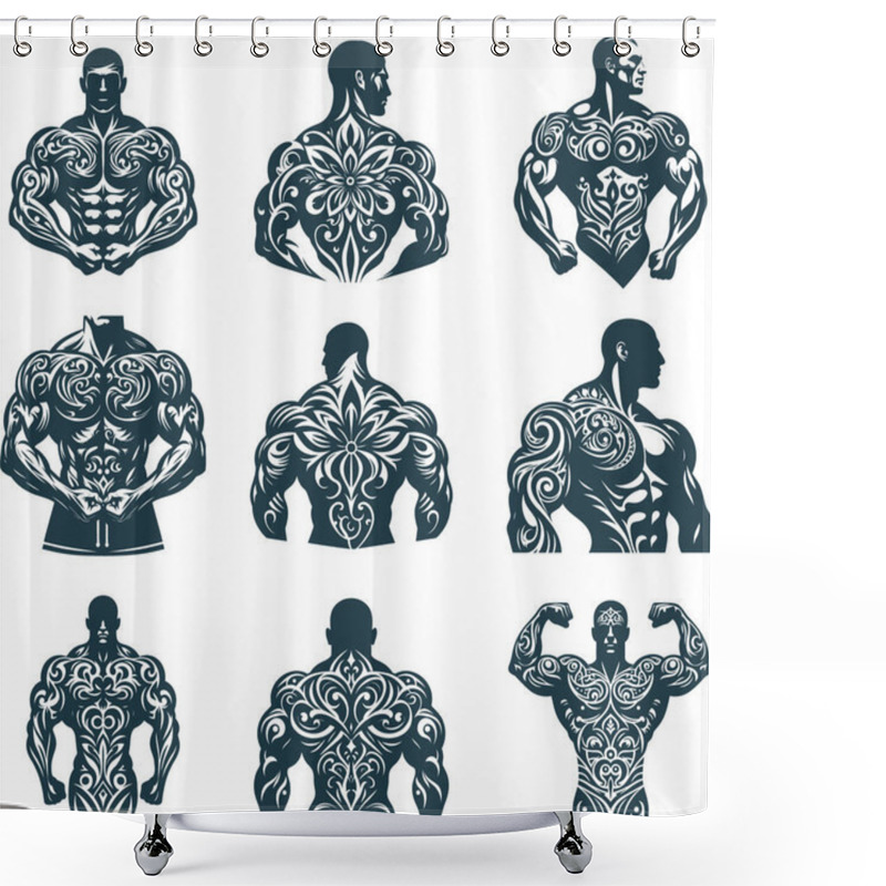 Personality  Decorative Tribal Male Bodybuilder Silhouettes With Ornamental Pattern Design Shower Curtains