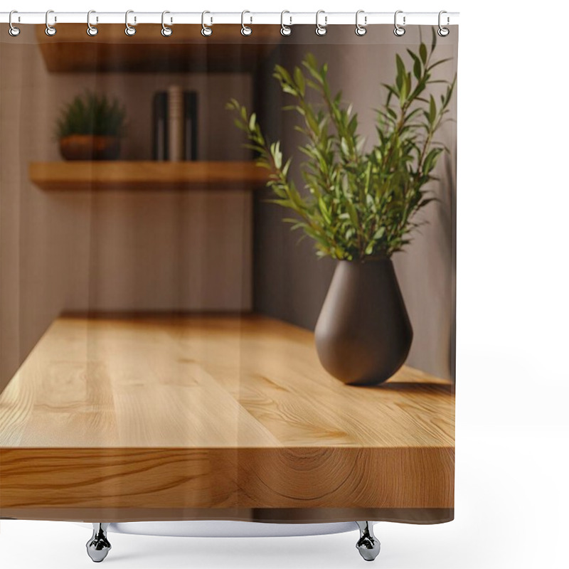 Personality  Elegant Wooden Table With A Modern Vase And Greenery In A Minimalist Setting. Shower Curtains