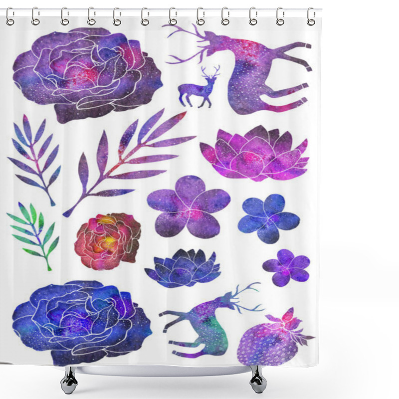 Personality  Set Of Different Plants, Flowers And Animals.  Hand-drawn Cosmic Or Galaxy Elements. Shower Curtains