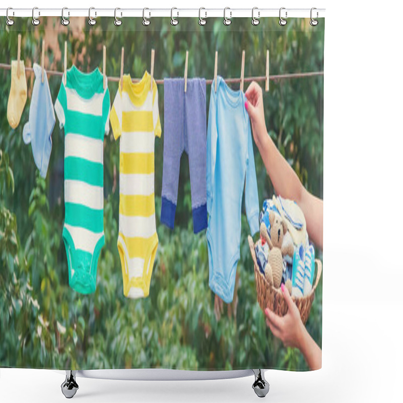 Personality  Washing Baby Clothes. Linen Dries In The Fresh Air. Selective Focus. Nature. Shower Curtains