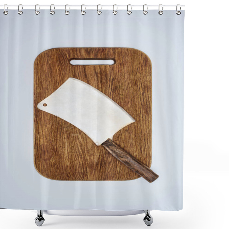 Personality  Top View Of Meat Cleaver On Wooden Cutting Board Isolated On Grey  Shower Curtains