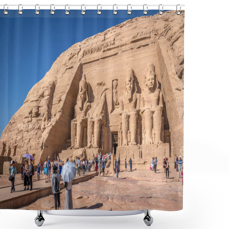 Personality  Abu Simbel, Egypt - Nov 6th 2018 - Big Group Of Tourist In Front Of The Big Statues Of Abu Simbel Temple In Southern Egypt In A Blue Sky Day Shower Curtains